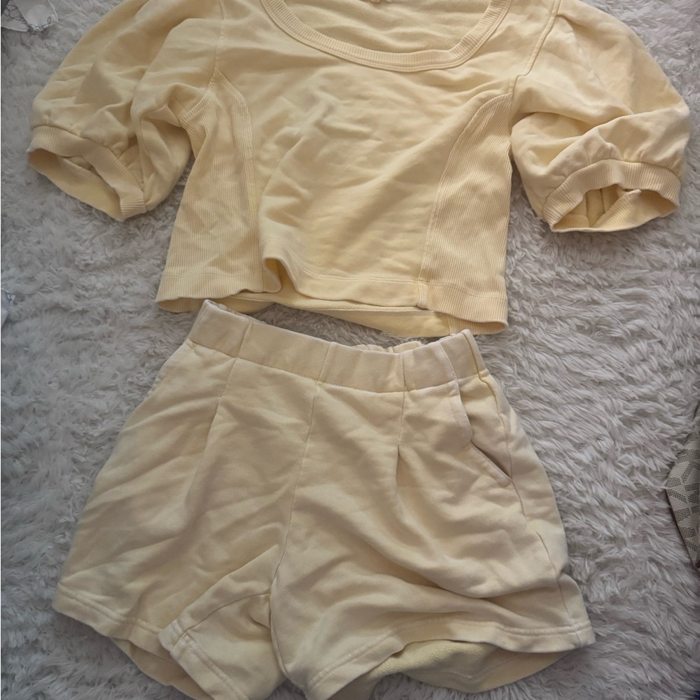 aerie Cream Short Sleeve Crop Top and High-Waist Shorts Set